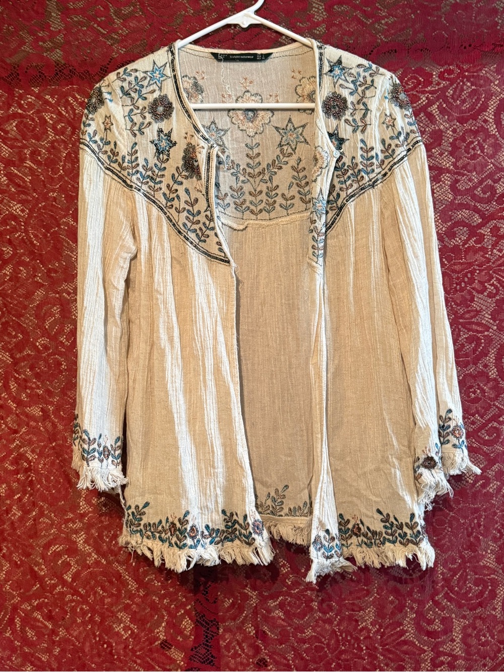 ZARA Trafaluc Boho Embroidered Beaded Fringe Kimono Cardigan Jacket Small